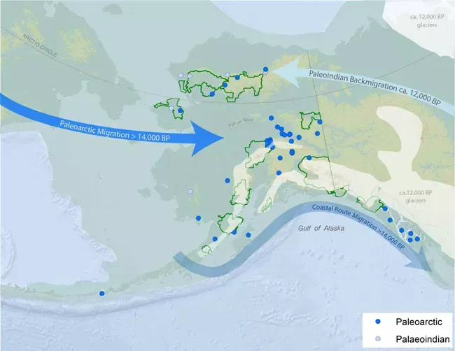 A map showing potential routes for Prehistoric North American migration.