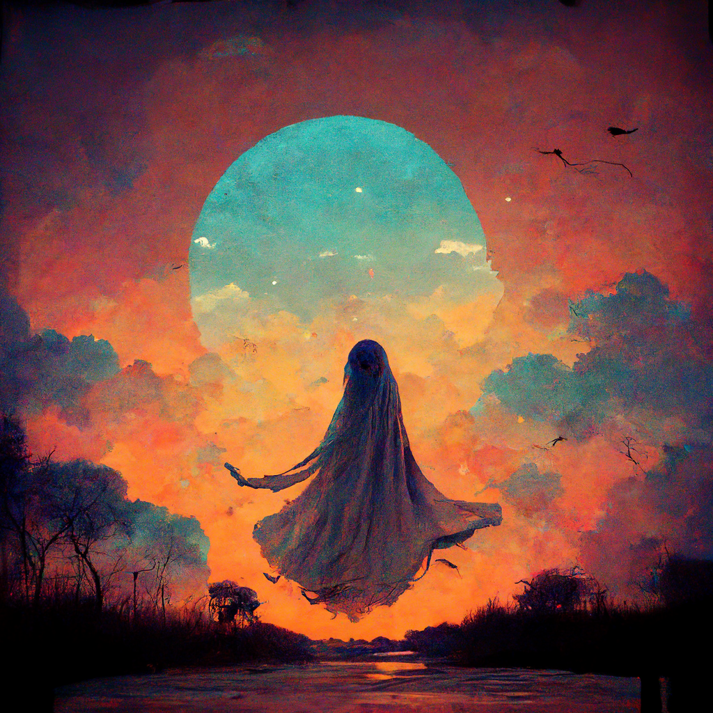 A ghostly figure floating in the air against a orange sky